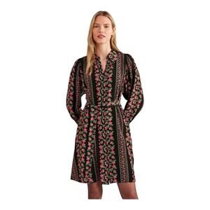 Boden Mini Shirt Dress in Black Diamond Rose Belted Waist Long Sleeve Women's 6R